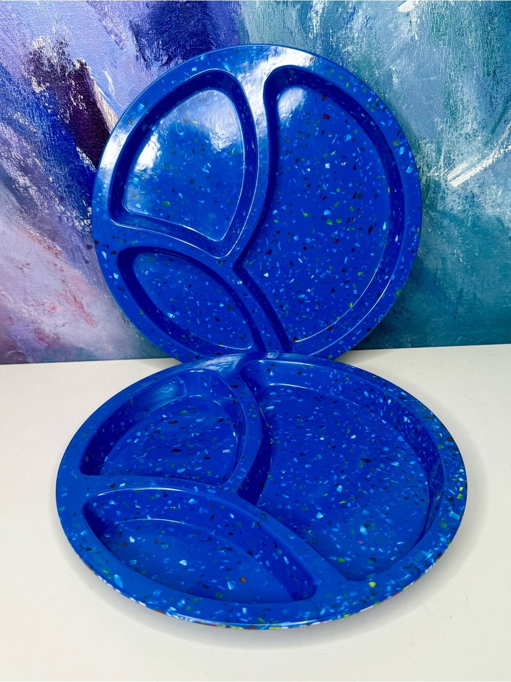 Two Zak! Designs Confetti Melamine Plastic Blue Divided Kid Dinner Plates Dishes